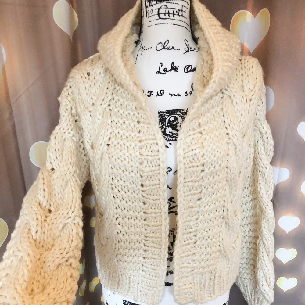 Chunky knit cardigan cream cable knit hoodie sweater womens long sleeve thick - Picture 6 of 15